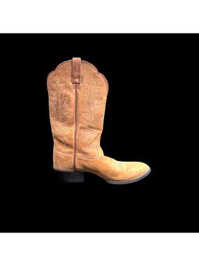 Western Leather Cowboy Boots Tan Square Toe Mid-Calf Embroidered Pull-On W 8